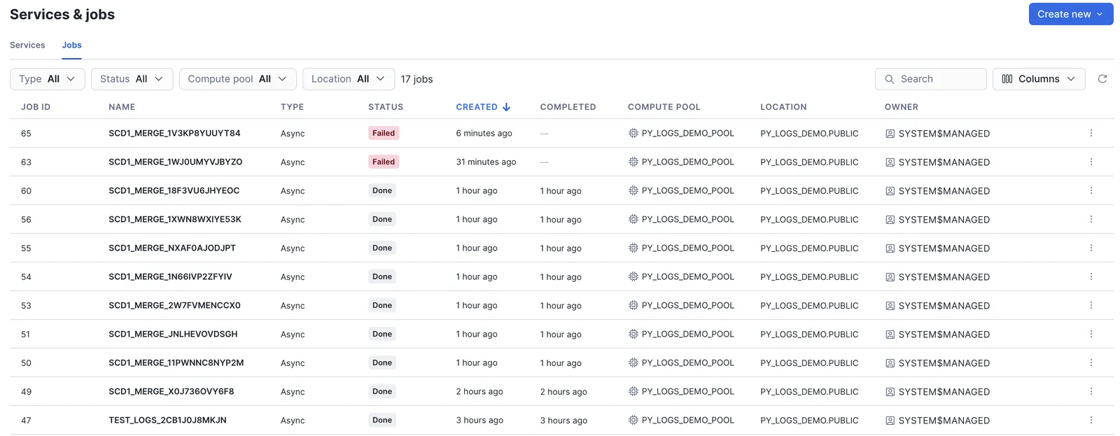 Jobs monitoring UI with run statuses