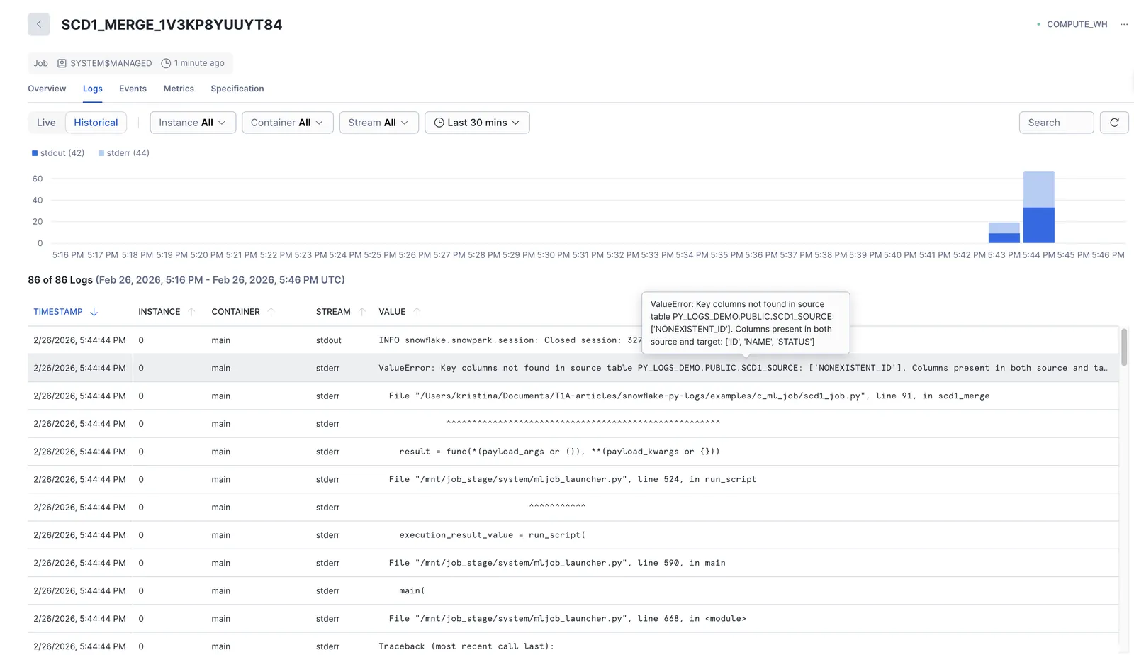 Jobs monitoring UI for failed SCD1_MERGE execution