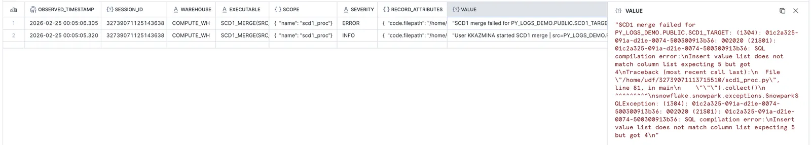 Event table showing logged error after failed SCD1_MERGE call