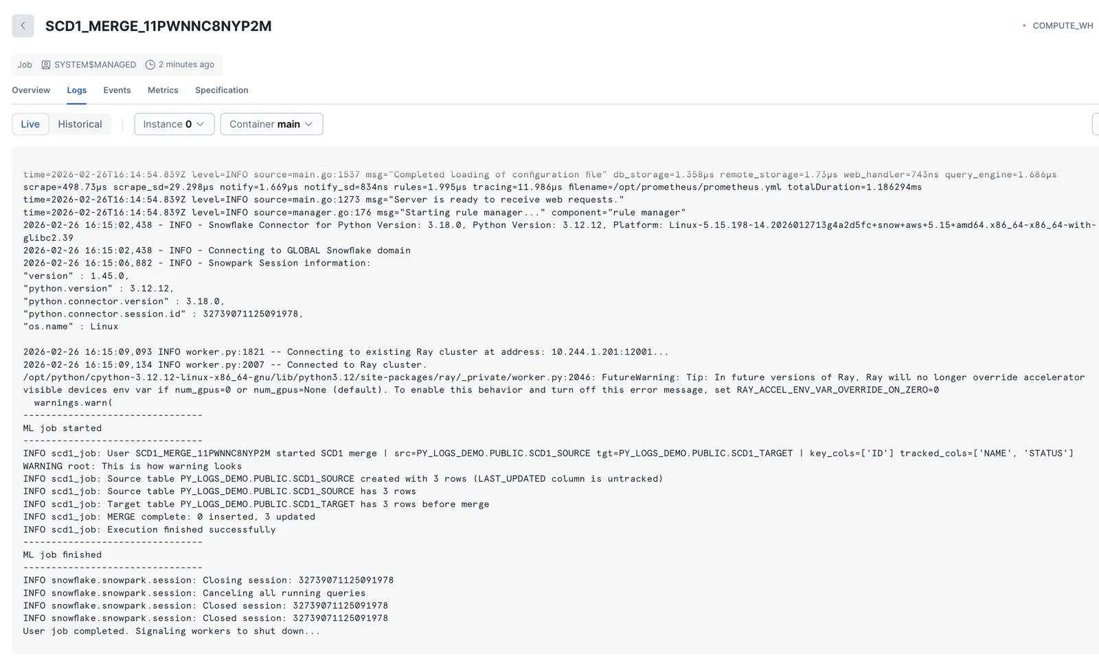 Jobs monitoring UI for successful SCD1_MERGE execution