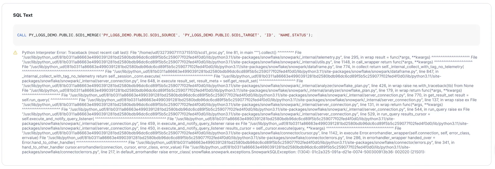 Query History: failed CALL